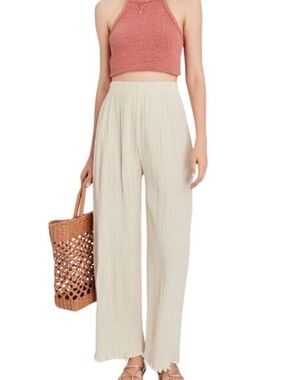 Lightweight Cream Wide-Leg Linen-Blend Pants